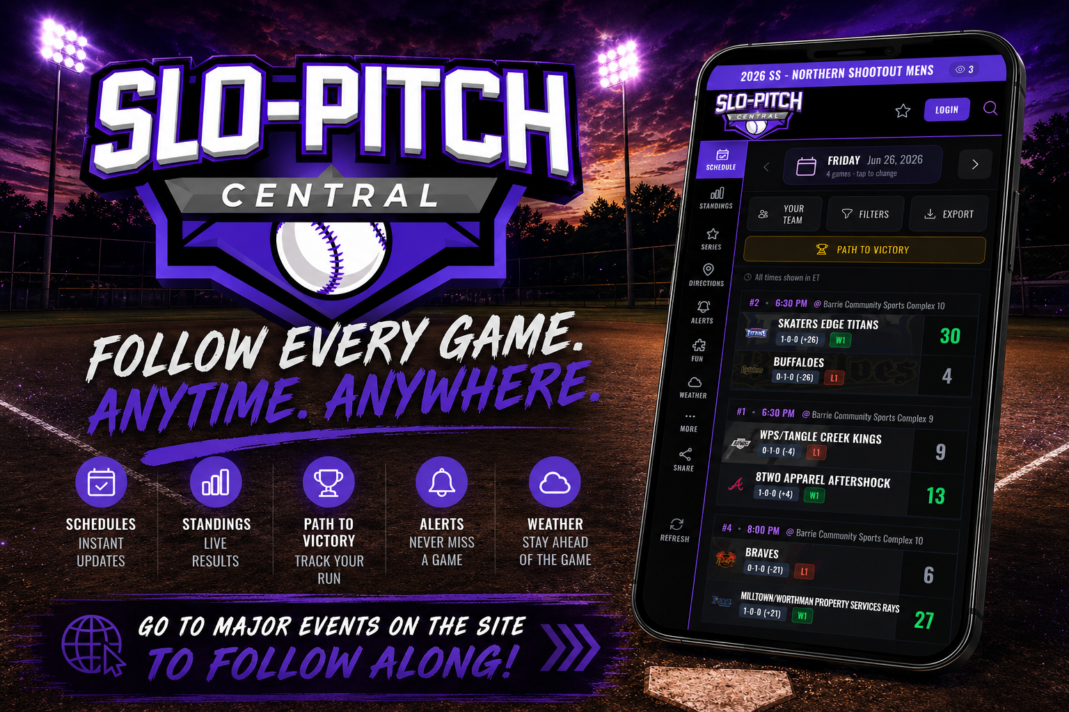 Track your slo-pitch league schedule, live scores, and standings on any device — desktop, tablet, or mobile